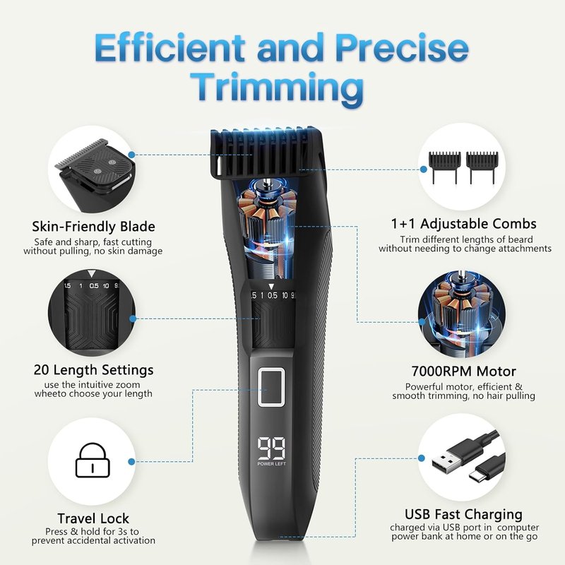 Beatslm Beard Trimmer for Men - Cordless Waterproof Clippers with Adjustable Length & Stainless Steel T-Blade | 2 Guide Combs, LED Display