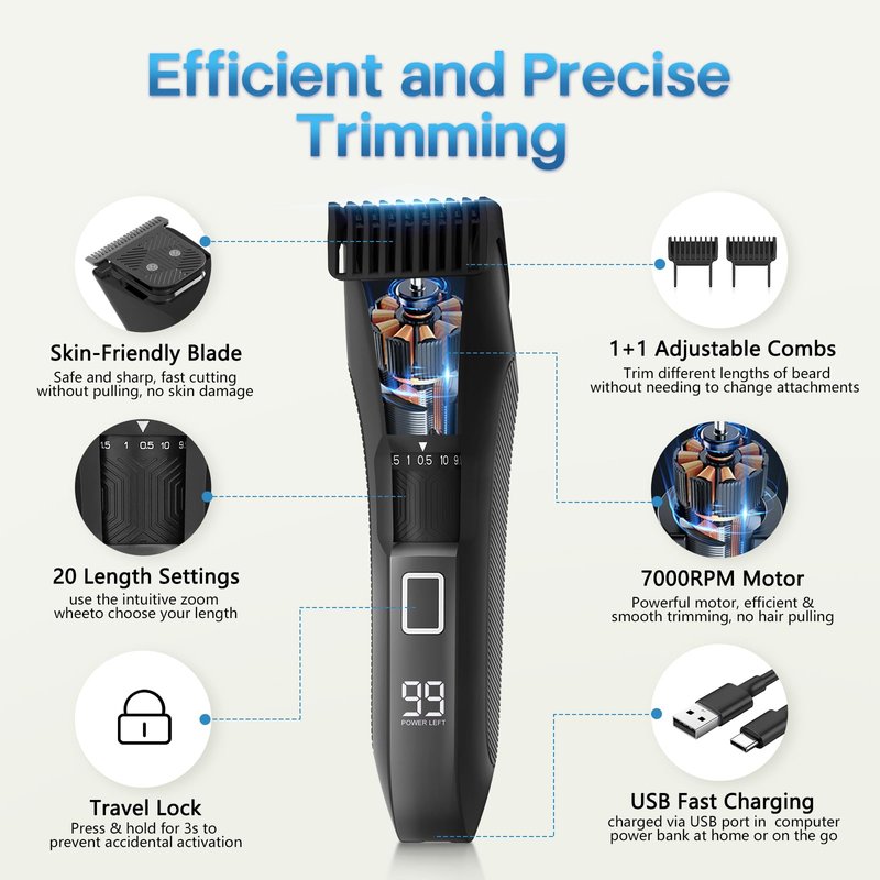 Beatslm Beard Trimmer for Men, 20 Length Adjustable, Cordless Waterproof Clippers, Stainless Steel T-Blade for Precision Facial Hair Trimming with 2 Guide Combs, Travel Lock, LED Display