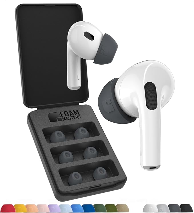 Foam Masters Ultra-Premium Memory Foam Ear Tips for AirPods Pro 1st & 2nd Gen | 3 Pairs | New Ver. | Secure Fit | Super Comfort | Better Noise Cancel | Replacement Buds (Assorted S/M/L, Space Gray)