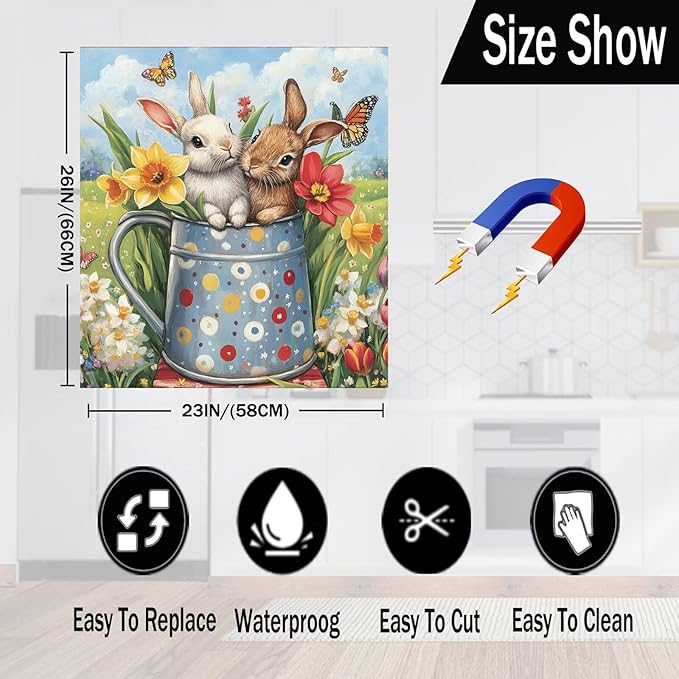 Easter Bunny Dishwasher Magnet Decoration Cover Kitchen, Two Rabbits Vinyl Magnetic Dishwasher Sticker, 23 x 26 in Spring Colorful Flowers Home Magnet Fridge Cover