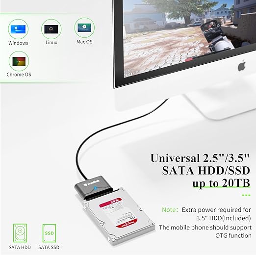 WAVLINK SATA to USB Type-A Hard Drive Cable, 5Gbps USB3.0 to Sata Cable Support UASP, External Hard Drive SATAI/II/III Connector 2.5" SSD/HDD and 3.5" HDD up to 20TB, Power Adapter Included