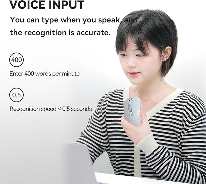 MIMOUSE EM4AI White AI Mouse with Voice Typing, Ergonomic Wireless Mouse for PC/Laptop, 3 Devices Bluetooth Computer Mice for Lecture & Meeting, Windows Mac OS Compatible Portable Mouse Gadgets Gift