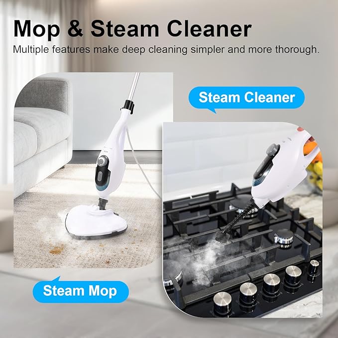 11-in-1 Steam Mop, 1550W Powerful Handheld Steam Cleaner, 260Â°F Multi-Functional Floor Steamer with 21.3FT Cord for Floors, Hardwood, Tiles, Grout, Windows, Kitchen, Bath, Adjustable (White)