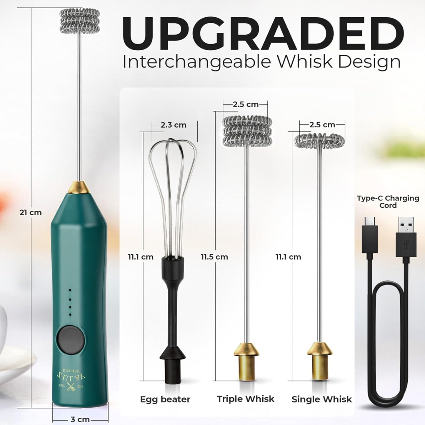 Zulay Kitchen Rechargeable Milk Frother - 3 Speeds & 3 Whisk Attachments - USB Charging for Lattes & Cappuccinos - Green Gold