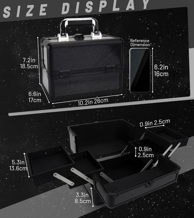 Makeup Train Case - 10.2" Hard Vanity Organizer with 4 Trays | Lockable Starry Black Travel Case for Artists