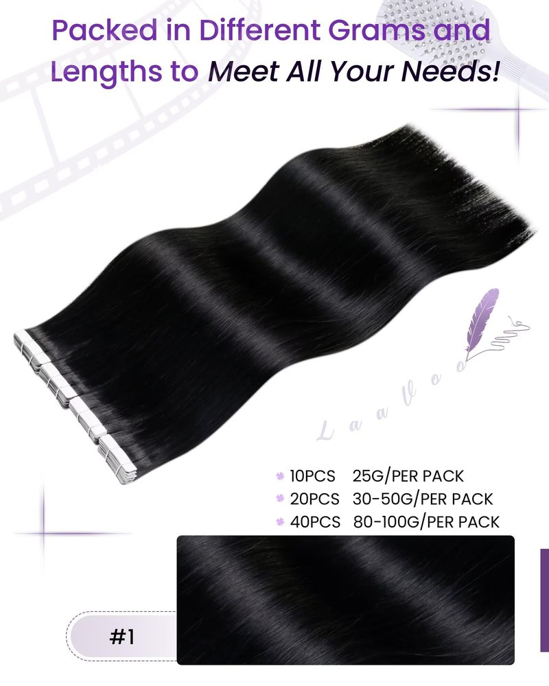 LaaVoo Human Hair Tape in Extensions Black Tape in Hair Extensions Human Hair Invisible Tape on Human Hair Extension Real Hair 16inch 20pcs 40g