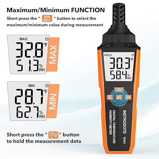 INSTRODOTS Temperature Humidity Meter, High Precision Digital Hygrometer with Ambient, Dew Point, Wet Bulb Temperature for Indoor Outdoor, Thermometer with Min/Max, Data Hold, LCD Backlight, TH11