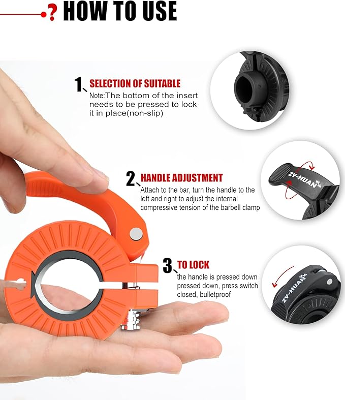 ZY-HUAN Pro Barbell Clips 1 inch Barbell Clamps 0.9-1.18inch Quick Release Weight Clips for Bars Multi-Size Adjustable Olympic Barbell Clamps (Orange)