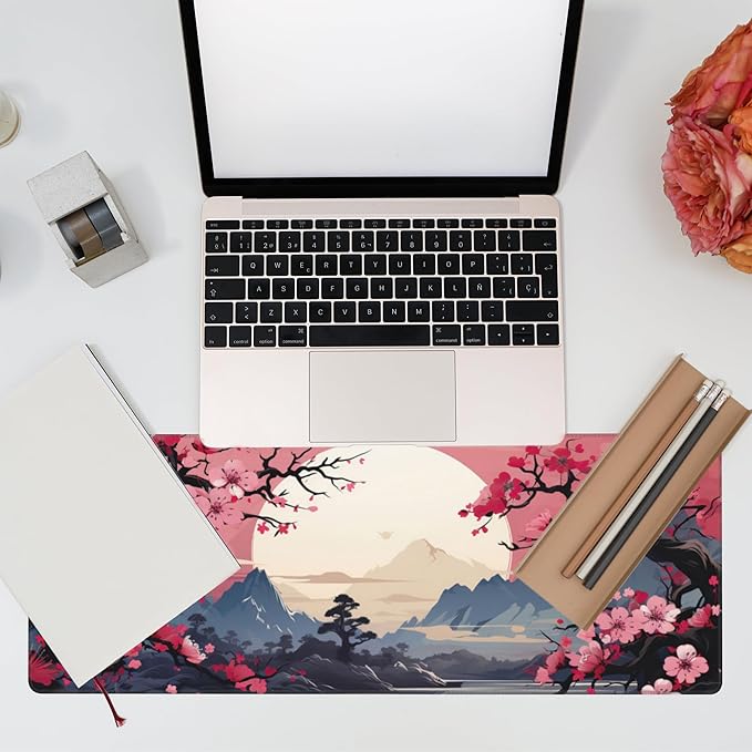 Eflxamz Pink Cherry Blossom Tree Desk Pad, Mountains and Sun Large Gaming Mouse Mat, Extended Big Computer Keyboard Pad With Non-Slip Base and Stitched Edge, 31.5"x11.8"
