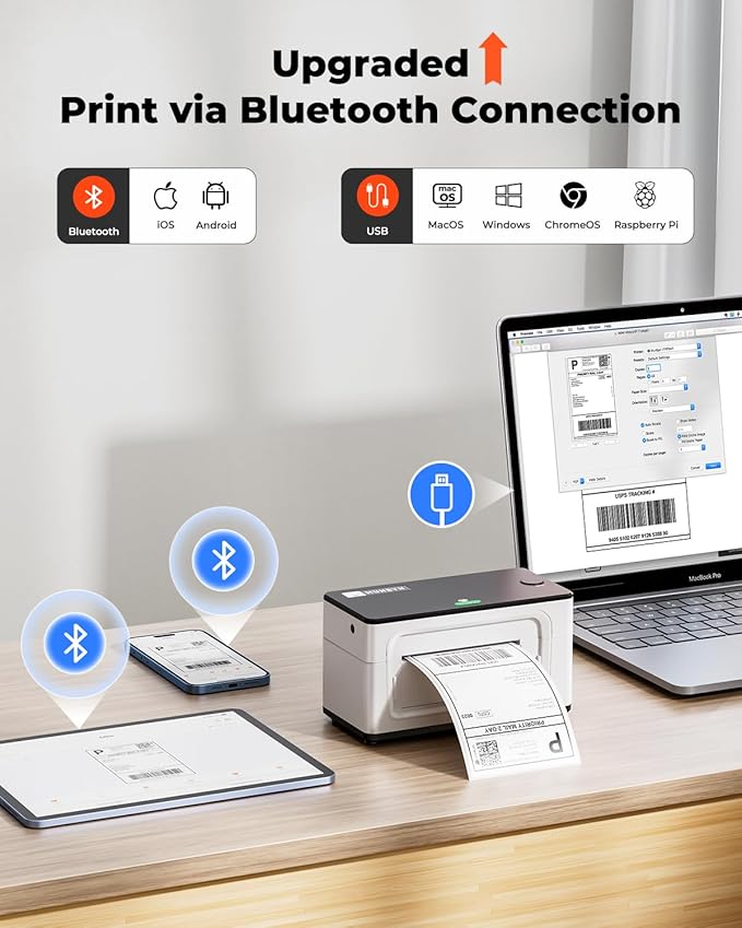 MUNBYN Bluetooth Thermal Label Printer 941BP, Wireless 300DPI 4x6 Shipping Label Printer for Small Business Compatible with Windows, Mac, iPhone, Android, PC, Amazon, Shopify, Etsy, USPS (White)