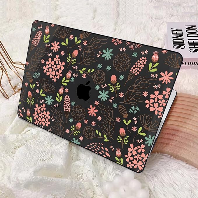 LCMOCICO for MacBook Air 13 inch Case 2021 2020 2019 2018 Release M1 A2337 A2179 A1932, Pritned Pattern Plastic Hard Case Cover for MacBook Air 13.3" Retina Display Touch ID, Seamless Flower Black