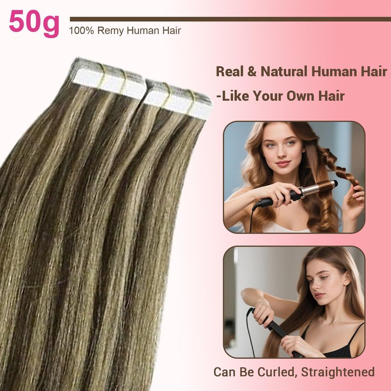 GEELOOK Tape in Hair Extensions Human Hair 18inch Skin Weft Straight Thick Natural with 12 Pieces Replacement Tape 20pcs 50g Chocolate Brown mixed caramel blonde #4/27/4