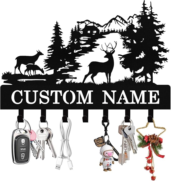Syneiro Personalized Deer Key Holder Wall Mount, Custom Metal Key Rack Key Holder with Name, Deer Cabin Wall Keys Hanger with Hooks for Entryway, Front Door, Hallway, Kitchen, Living Room