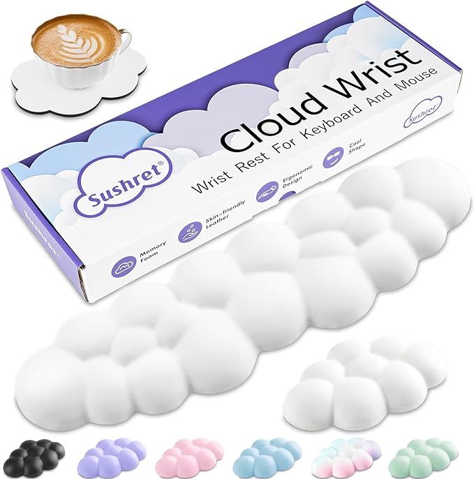 Sushret Cloud Wrist Rest Keyboard, Cloud Keyboard Wrist Pad Set with PU Leather Memory Foam, Cute Arm Rest for Palm Support, PC/Gaming Desk Accessories/Office Setup/Computer Hand Cushion - White