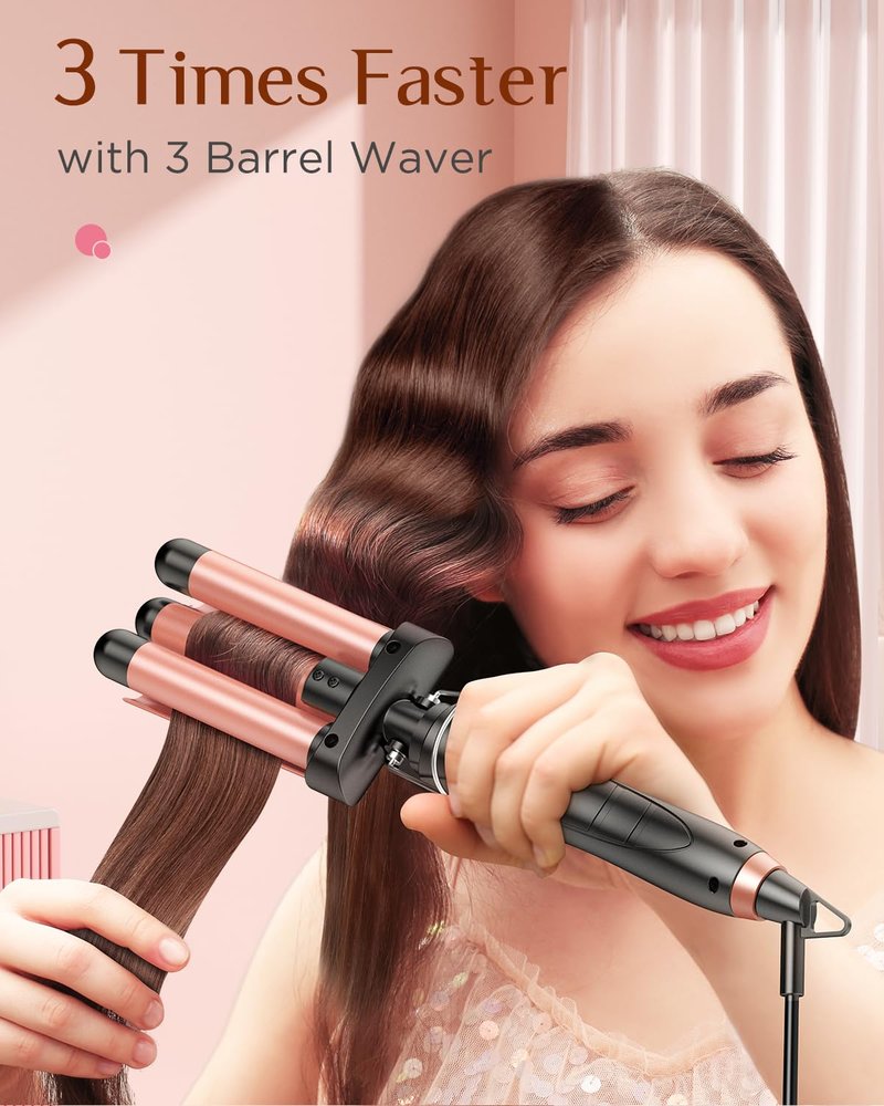 5 in 1 Wand Curling Iron-Kinked Curling Wand Set with Flat Iron Hair Straightener, 3 Barrels Hair Crimper, 3 Ceramic Curling Irons (0.35"-1.25"), 2 Temps Fast Heat Hair Waver Curler, Black