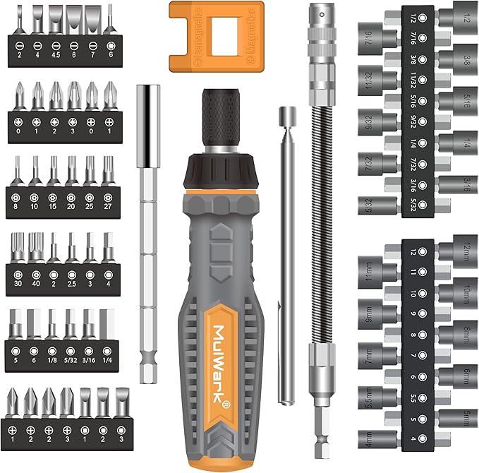 MULWARK Screwdriver Bit Set & Socket Kit, 63-Pieces Ratcheting Screwdriver Set with Case, 63 in 1 Multi Bit Screw Driver for Home DIY, Electronics, Car Emergency and Garage