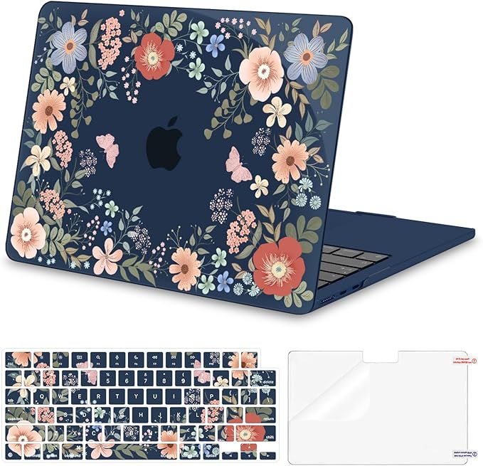 MOSISO Compatible with MacBook Air 13 inch Case M5 2026 M4 2025 M3 M2 2024-2022 A3449 A3240 A3113 A2681, Lush Floral Hard Shell&Keyboard Cover&Screen Protector for MacBook Air 13.6 inch Case, Blue