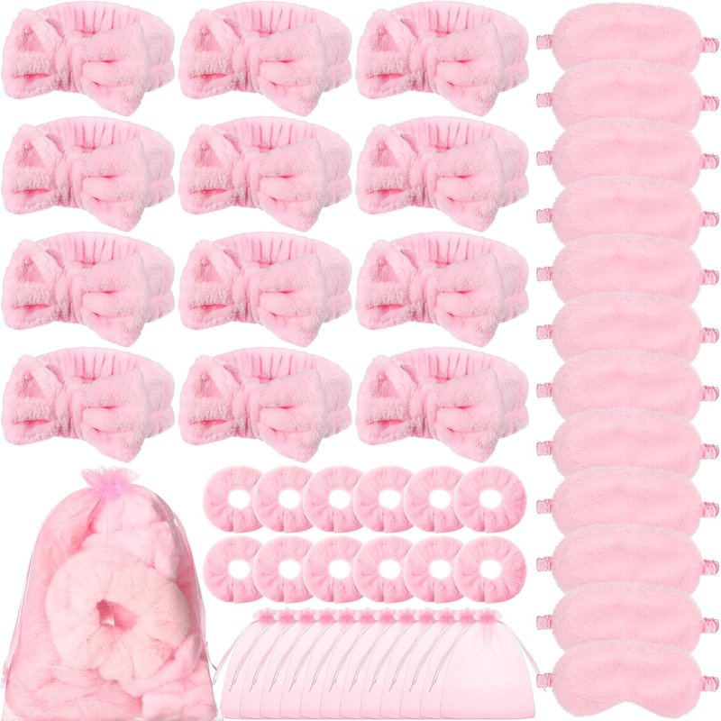 Mimorou Spa Party Supplies - 48-Piece Set with Headbands, Plush Eye Masks & Velvet Scrunchies | Pink