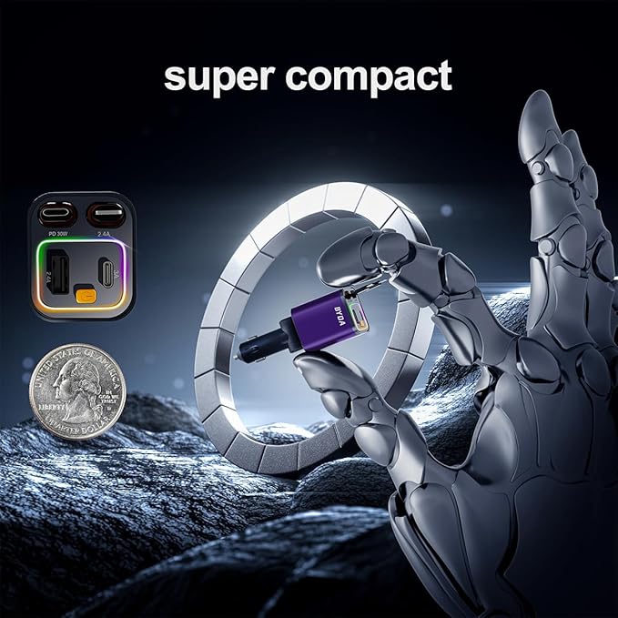 4 in 1 Retractable Car Charger,69W USB-C Fast Car Charger, for iPhone16/15/14/13/12,Cigarette Lighter Charger (Grey, for Apple+Type C &RGB Breathing Light [Purple])