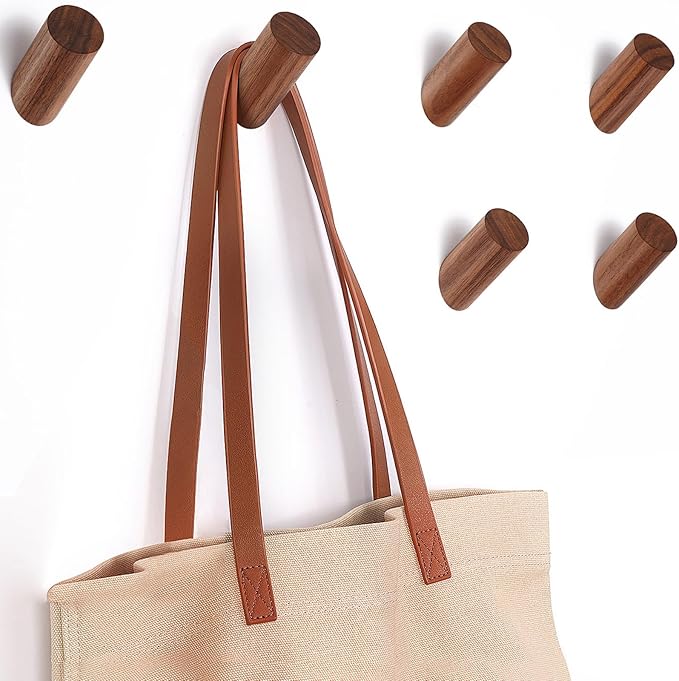 Felidio Wood Wall Hooks, 6 Pack Natural Wooden Coat Hooks Wall-Mounted, Rustic Heavy Duty Hook for Hanging Towels Coats Plants, Entryway Hat Hanger Wall Coat Rack (Walnut Wood)
