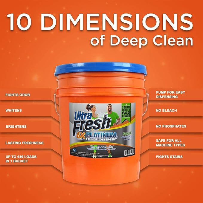 Ultra Fresh Platinum Sport 5 Gallon 6x Laundry Detergent Suitable for All Machine Type and Up to 640 Laundry Loads with Pump (6 Pack)