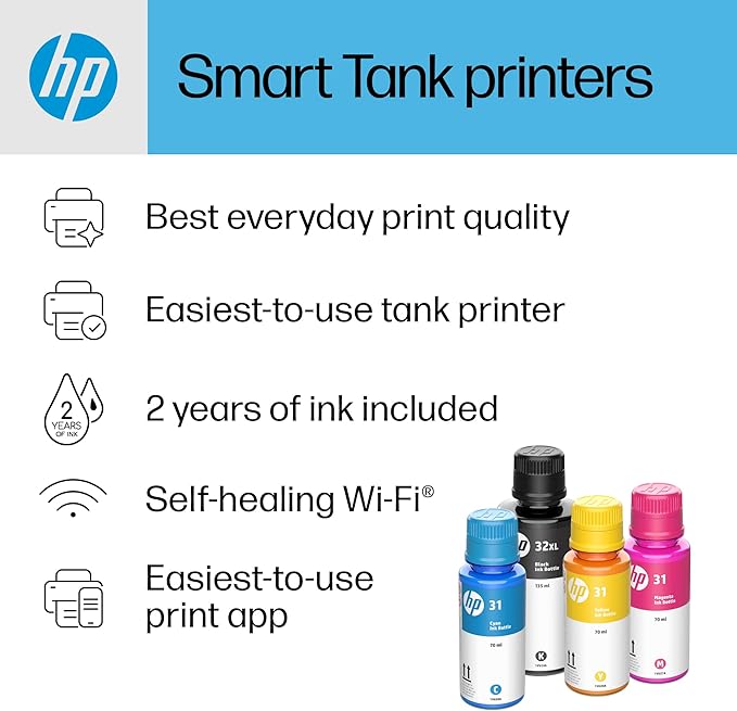 HP Smart Tank 5000 Wireless All-in-One Ink Tank Printer, Scanner, Copier with 2 Years of Ink Included, Best-for-Home, Cartridge-Free, Refillable and AI-Enabled. (5D1B6A)