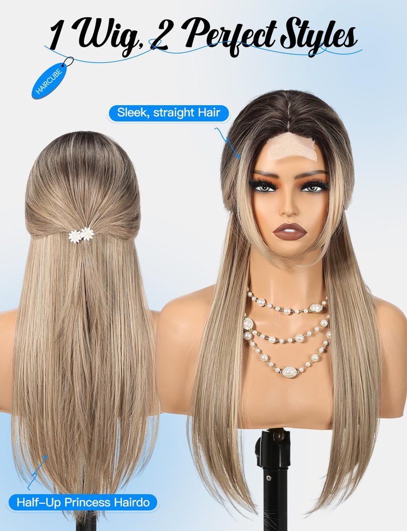 HAIRCUBE Long Straight Wig for Women, Heat Resistant Synthetic Hair with Bangs, Natural Looking Pre-Cut Lace Front Wig, Soft & Lightweight for Daily Use, Cosplay, Parties (Blonde)