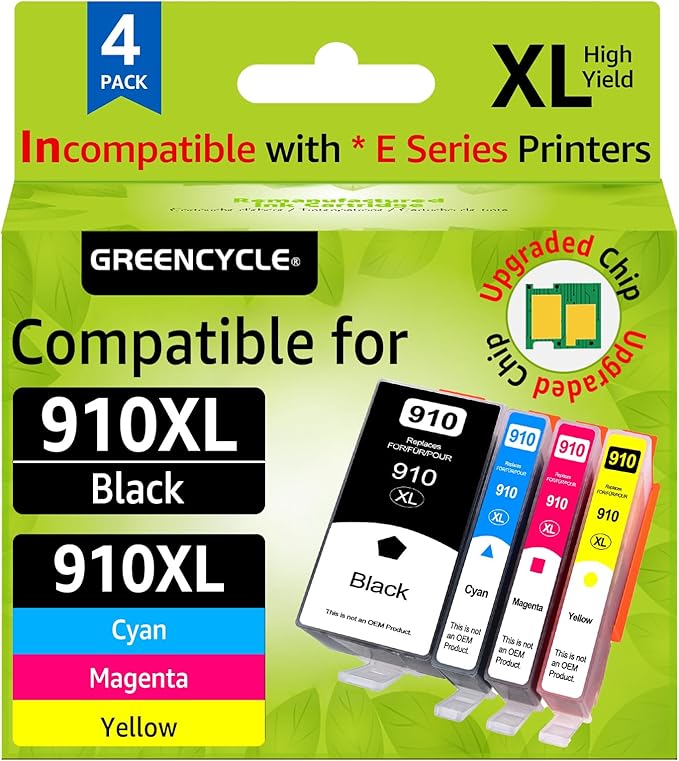 910XL Ink Cartridges for HP Printers Replacement for HP 910XL Ink Cartridges Combo Pack Compatible with OfficeJet 8010 8015 8018 8022 OfficeJet Pro 8020 8030 8025 8028 8035 (BCMY-4 Pack)