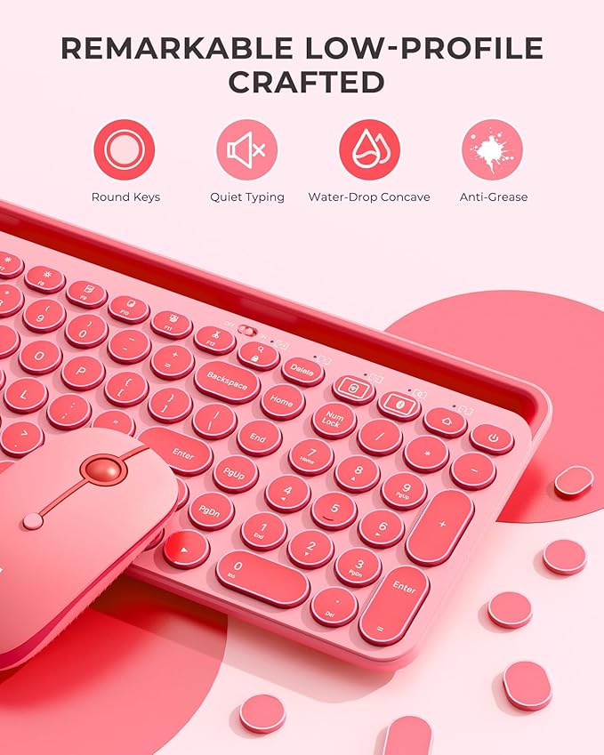 seenda Bluetooth Keyboard and Mouse for iPad, CTU-301 Wireless Multi-Device Connection Bluetooth+2.4G Keyboard Mouse Combo with Tablet Holder for iPad/MacBook/Windows, iOS/Android/Phone, Coral Pink