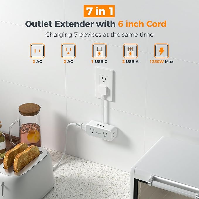 TESSAN Short Extension Cord 0.5Ft, Flat Plug Outlet Extender Surge Protector with 4 Widely AC with 3 USB Ports (1 USB C), Multi Plug Small Power Strip for Travel, Home Office College Dorm Essentials