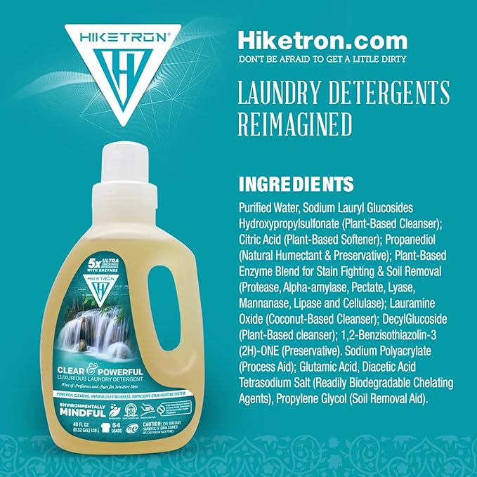 Hiketron Clear & Powerful Unscented Liquid Laundry Detergent, 5x Ultra Concentrated, Tough Stains Remover, (40 Fl Oz, Pack of 2)