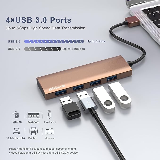 ANYPLUS USB Hub, USB 3.0 Hub Aluminum Alloy Ultra Slim USB Splitter, Portable 4 Port USB Extender, USB Hub for Laptop, PC, MacBook, iMac, Surface Pro, Mac Pro, Flash Drive, XPS【Brown】