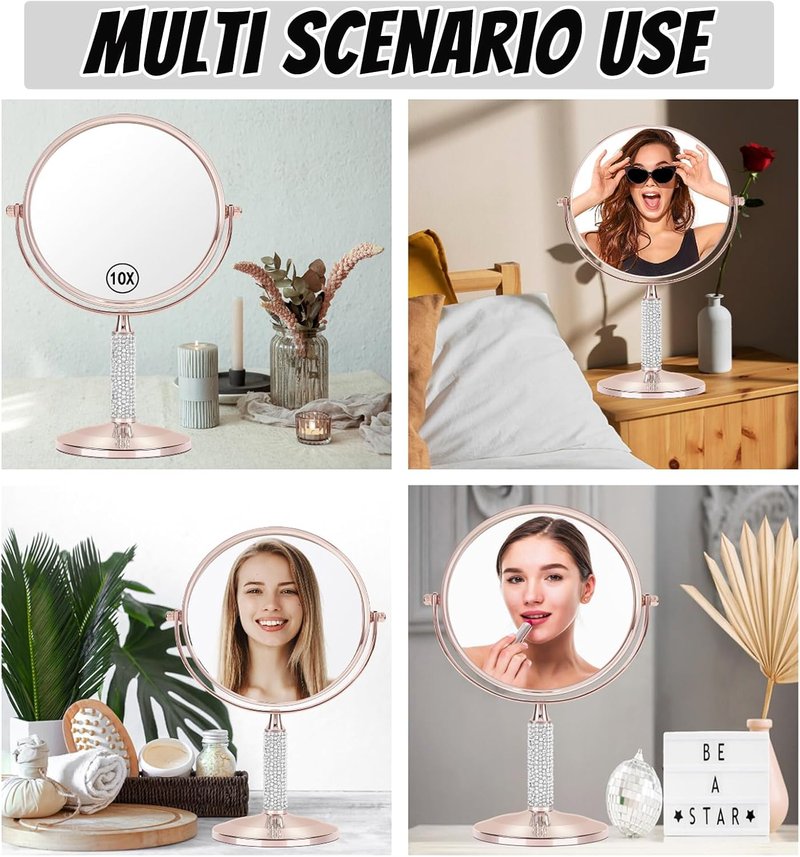 Rose Gold Glitter Makeup Mirror - 360° Rotating Double-Sided 1X/10X HD Vanity Mirror | Portable Gift for Women