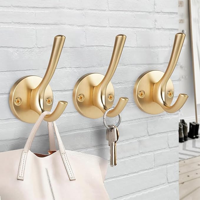 NETLKLA 4 Packs Gold Coat Hooks, Silver Robe Hook, Decorative Towel Hooks, Heavy Duty Double Prong Wall Hooks, Metal Closet Hooks, Hat Hooks for Hanging for Bathroom, Kitchen and Office