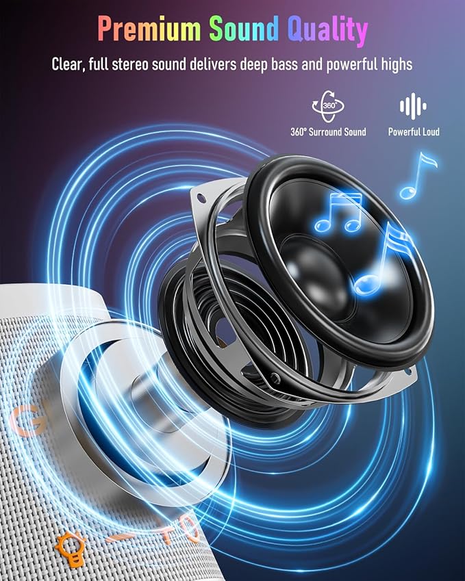 Gladorn Portable Bluetooth Speaker Wireless with 9 Color Lights, 20H Playtime, Stereo Pairing, Deep Bass, IPX6 Waterproof, Bluetooth 5.3, Small Speaker for Home, Party, Outdoor, Camping, Beach, Gift