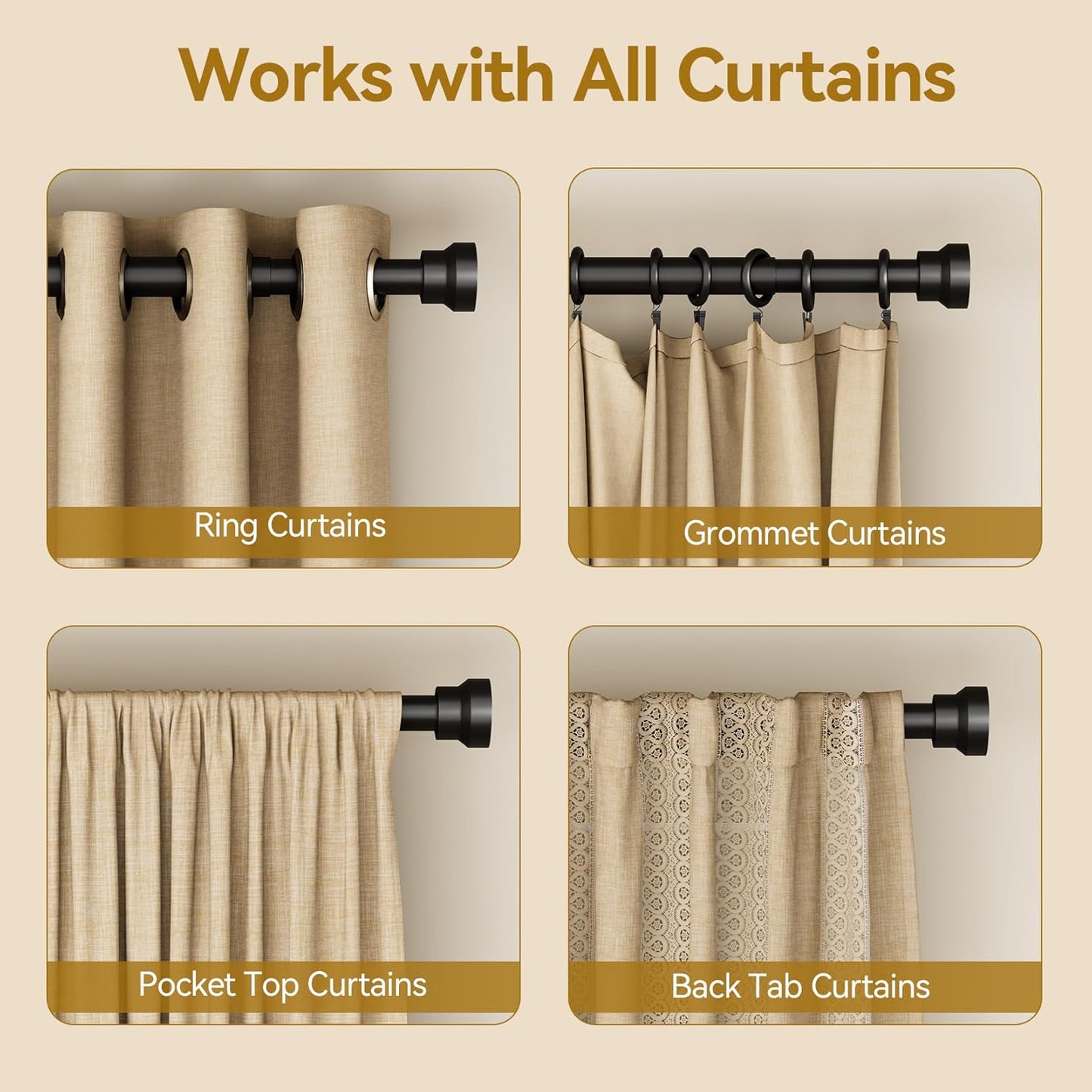 YaFex Curtain Rods - Heavy Duty 1 Inch Adjustable Window Treatment Rods | 32-118 Inch, Black, Modern Design