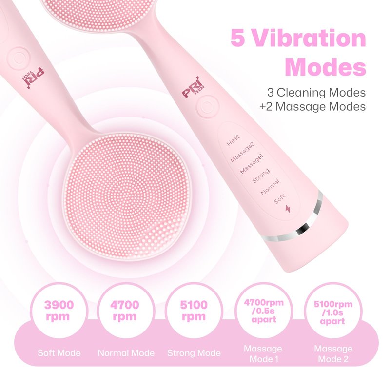 PRITECH Facial Cleansing Brush with Vibrating, Rechargeable Silicone Face Scrubber for Deep Pore Cleaning, Exfoliator & Waterproof Face Brush with Heat End for for Women and Men (Pink)