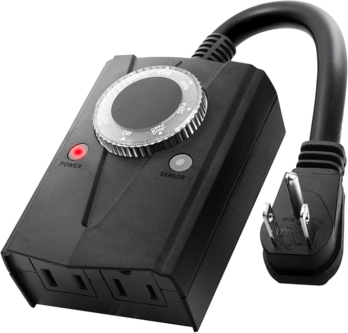 Brightown Outdoor Light Sensor Timer Waterproof, Mechanical Plug in Timer Switch, Outdoor Light Timers for Electrical Outlets, 2 Grounded Electrical Outlets for Christmas String Lights, Lighting Decor