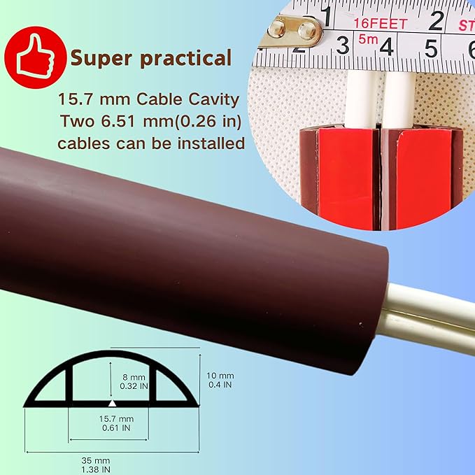 BEIEBIJOB 3.3ft Self Adhesive Floor Cord Cover,Heavy Duty Soft PVC Cable Protector and Extension Cord Hider,Cord Management System to Hide Wires on Floor,Cable Cavity:0.61" (W) x 0.32" (H) Brown
