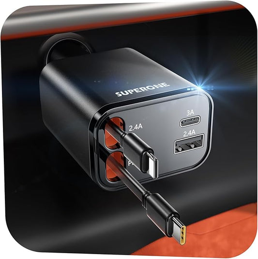 Retractable Car Charger, SUPERONE 99W Car Phone Charger with Cables Fast Charging, USB C Car Charger Adapter for iPhone 17 16 15 14 13 12, Samsung, Black