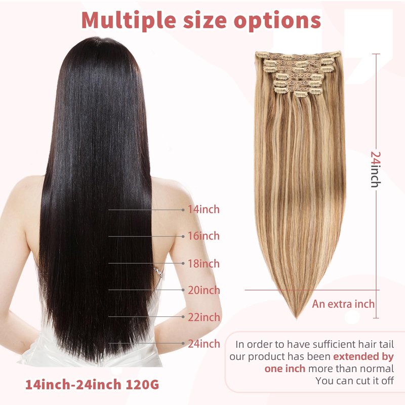 DIYOMO human hair clip in extensions Soft&Natural 120g 7pcs hair extensions real human hair clip insHair Straight&Invisible (14Inch, 18/613)