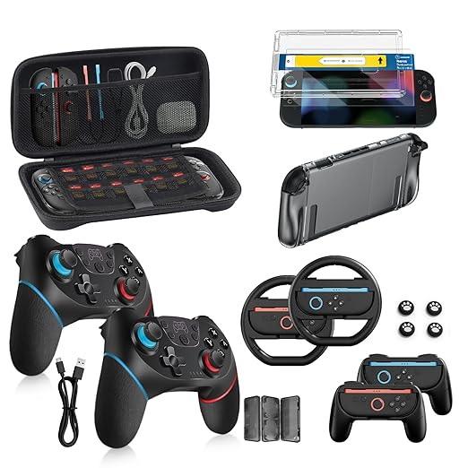 Pro Controllers Accessories Bundle for Nintendo Switch 2 18-in-1: Carrying Case, Screen Protector, Thumb Grip for Joycon, Dockable Console Protective Cover Shell, Steering Wheel, 2025 Switch2 Game Kit