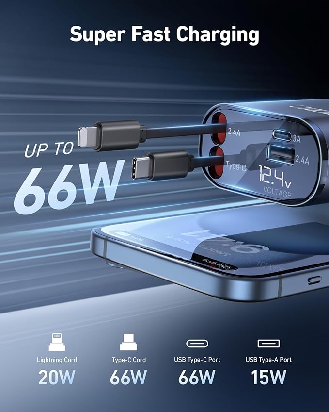 iPhone Car Charger, Retractable Fast Car Phone Charger 100w for CarPlay, 4 in 1 Car Charger Adapter with 2 Cables 31.5 Inch and 2 USB Ports, Compatible with iPhone 17/16/15/14/13/12/11 Pro/Samsung