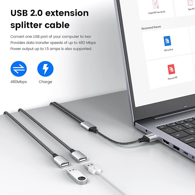 MOGOOD USB Splitter Cable, 1m USB A Male to 2 Female Y-Cable – Braided, Durable, Fast Data Transfer for Printer, Keyboard, Mouse, Flash Drive, LED Lights, PlayStation – Plug & Play