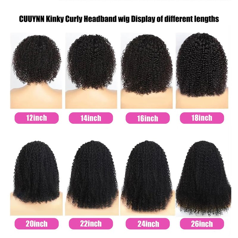 CUUYUN Kinky Curly Headband Wig Human Hair Curly Headband Wigs for Black Women 12 Inch None Lace Front Wigs Machine Made Wigs Glueless Brazilian Curly Human Hair Wig