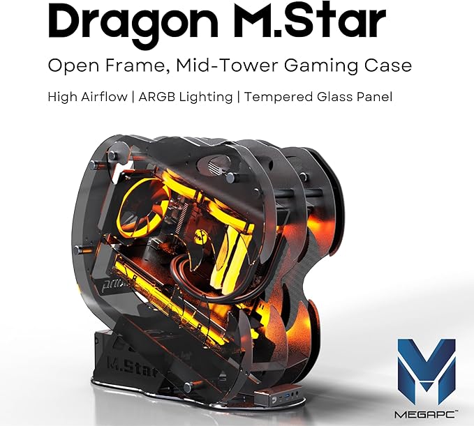 MegaPC Upgraded Open-Frame Mid-Tower Micro-ATX/Mini-ITX Gaming PC Case, Tempered Glass Side Panel, Pre-Installed ARGB PWM Fan, with USB3.0, Type-C, 240mm Radiator Support (Black)
