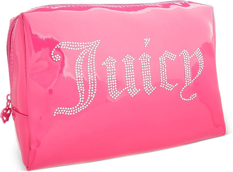 Juicy Couture Hot Pink Makeup Bag - Shiny Patent Organizer with Rhinestones | Travel Essentials