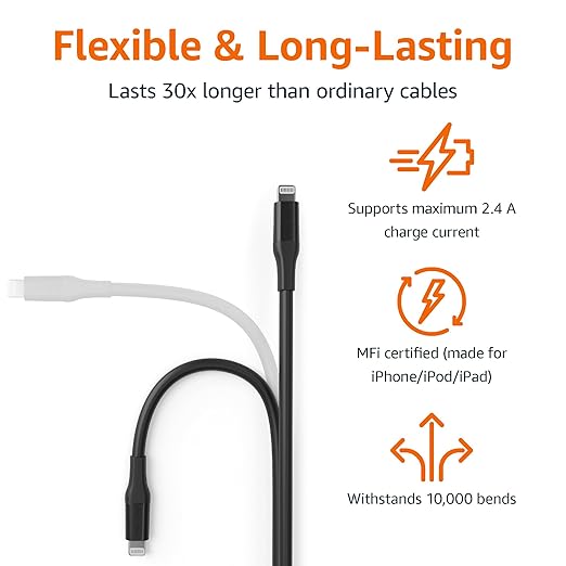 Amazon Basics MFi Certified USB-2.0 Type C to Lightning Cable with Power Delivery, Fast Data Sync, 10 ft, Black