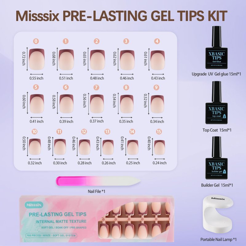 French Tip Press On Nails - 160 Pcs Short Square Gel Nail Tips | DIY Nail Art Starter Kit with 16 Sizes