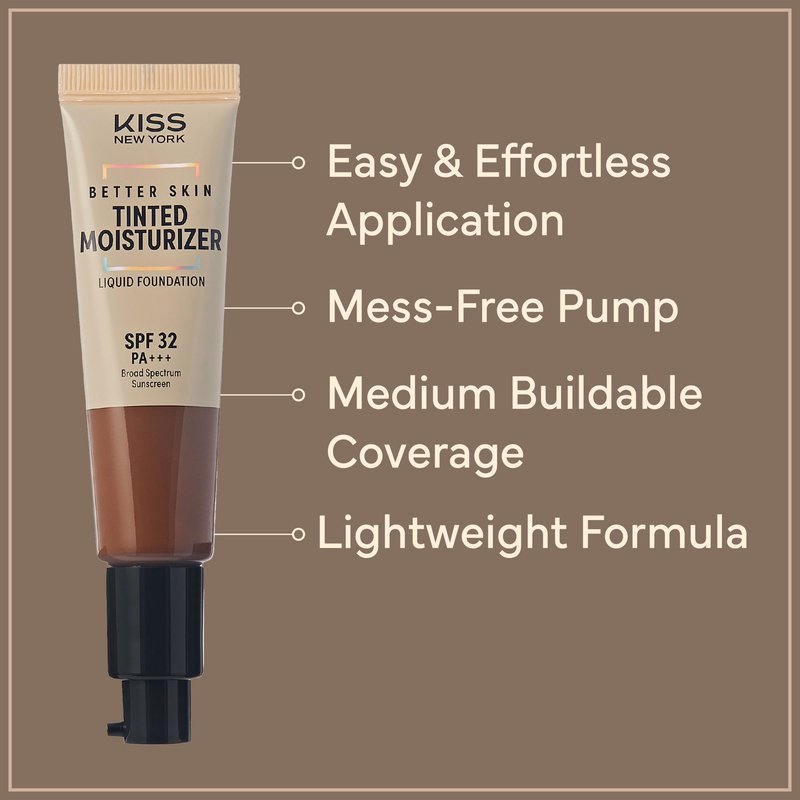 KISS NEW YORK Tinted Moisturizer with SPF 32 PA+++ (Mocha) 12 Hour Hydrating Sunscreen for Face, No White Cast for Dark Skin Tone, Natural Finish, Medium Coverage with Hyaluronic Acid, Vitamin E